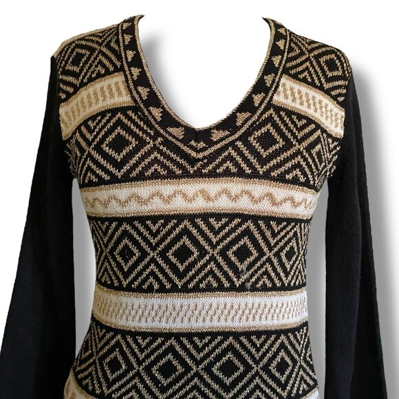 Vintage 1970s Clovis Ruffin Womens Sweater Sz Small Black Gold Metalllic Disco - Picture 2 of 7